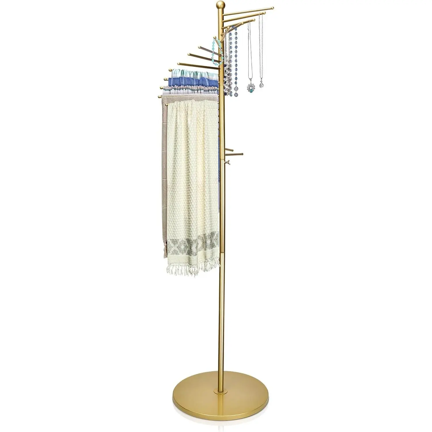 Height Adjustable 59''-67'' Freestanding Spiral Metal Scarf Rack with 22 Rods, Space Saving Scarf Holder Commercial Hijab Organizer Belt Pants Hanger Storage Shelves for Clothing Store Home, Gold