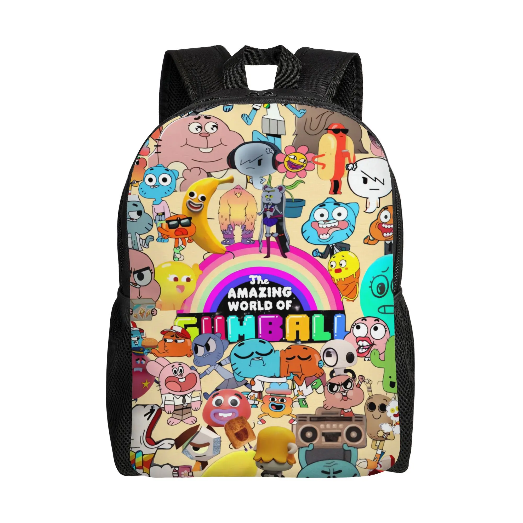 Bucked Up The Amazing World of Gumball All Cartoon Characters Rainbow Logo Print 600D Oxford Character Backpack for Kids, Lightweight, Breathable Padded Straps, Multi-Pocket, Hand Washable Toddler Travel Daypack Book Bag, Character Backpacks