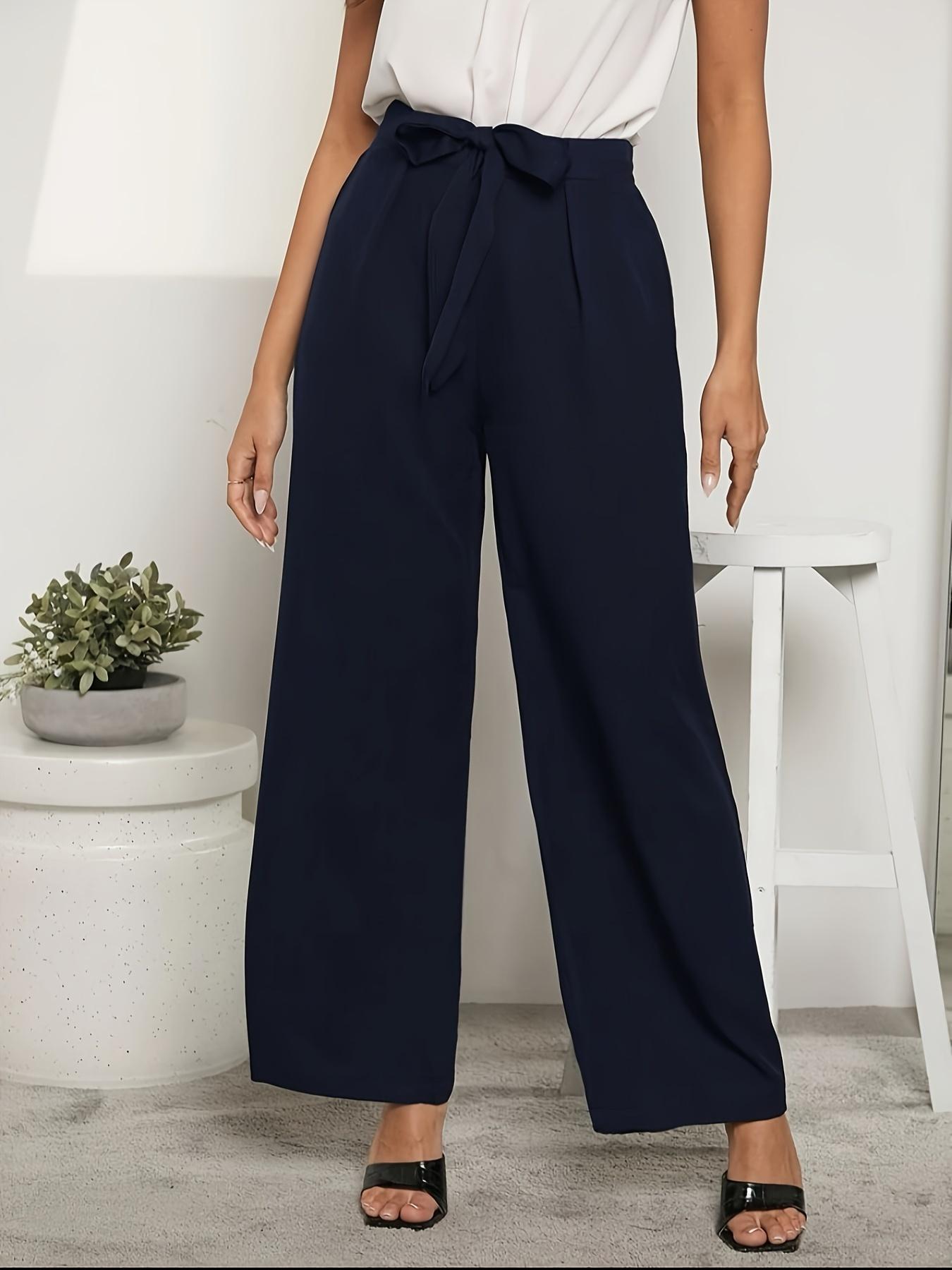 Women's Solid High Waist Belted Wide Leg Pants, Elegant Comfy Trousers for Spring & Fall, Ladies Bottoms for Daily Wear