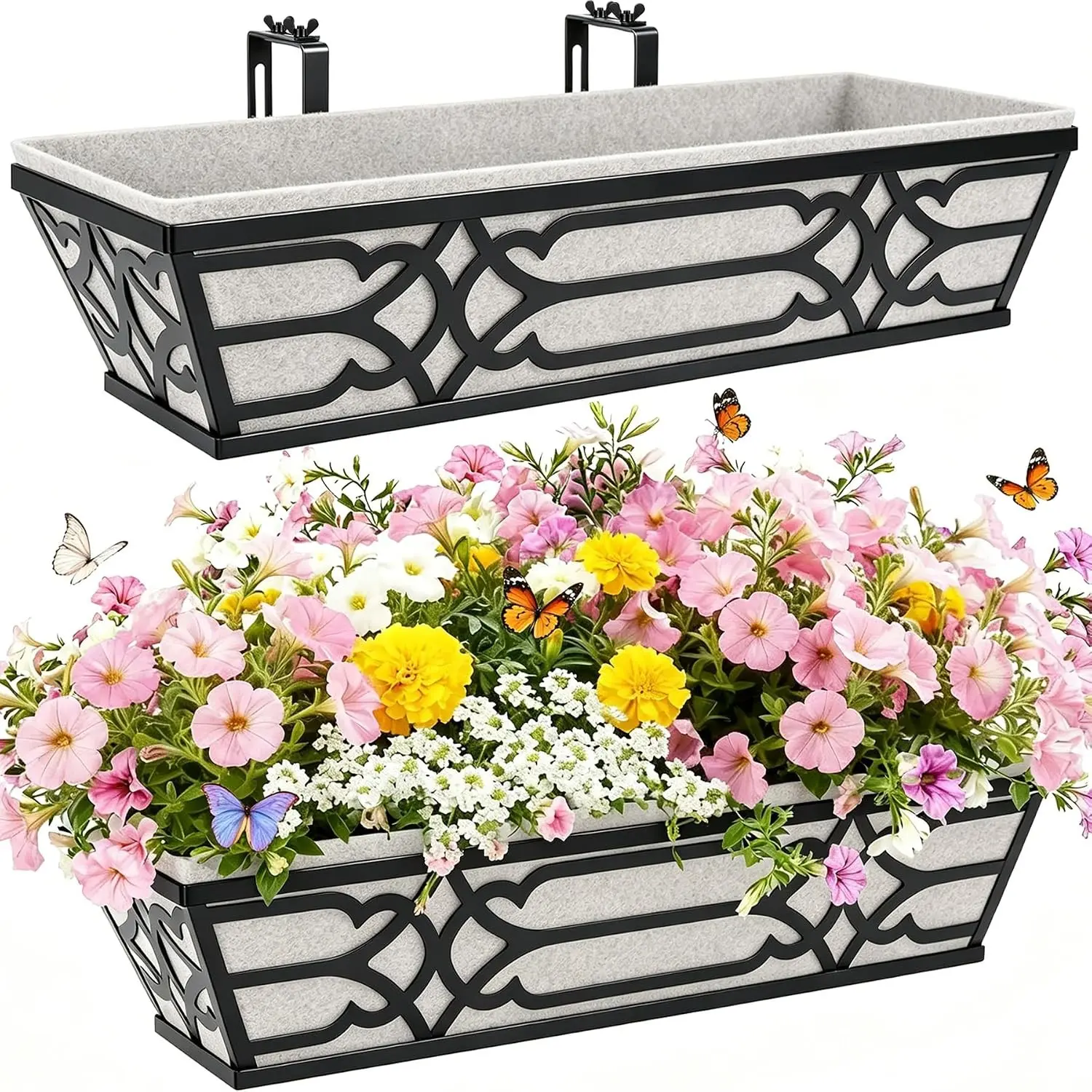 2-Piece 24-Inch Metal Frame Railing Planter Box Set, Black Hanging Window Planter Boxes with Non-Woven Liner, Adjustable Brackets for Deck/Railings, Window Mount