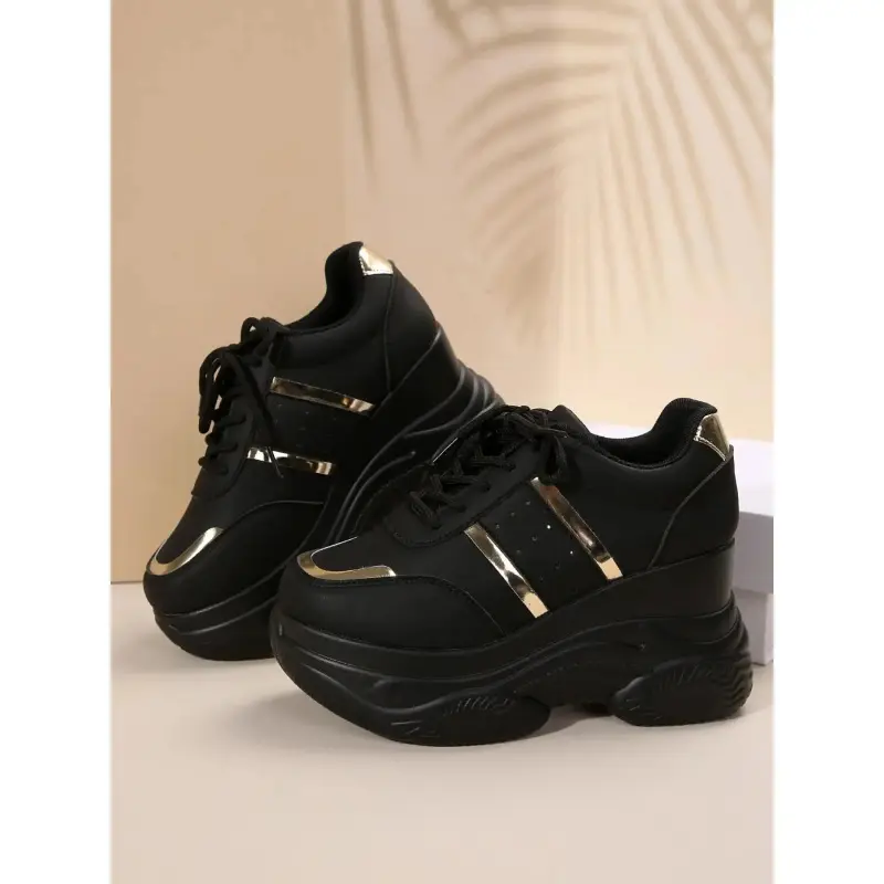 Women's Black Flatform Sneakers, Casual Faux Leather Walking Shoes, Lightweight All-Season Footwear, Petite-Friendly, Female, All Seasons, Daily Work, Less Than Ankle, Platform