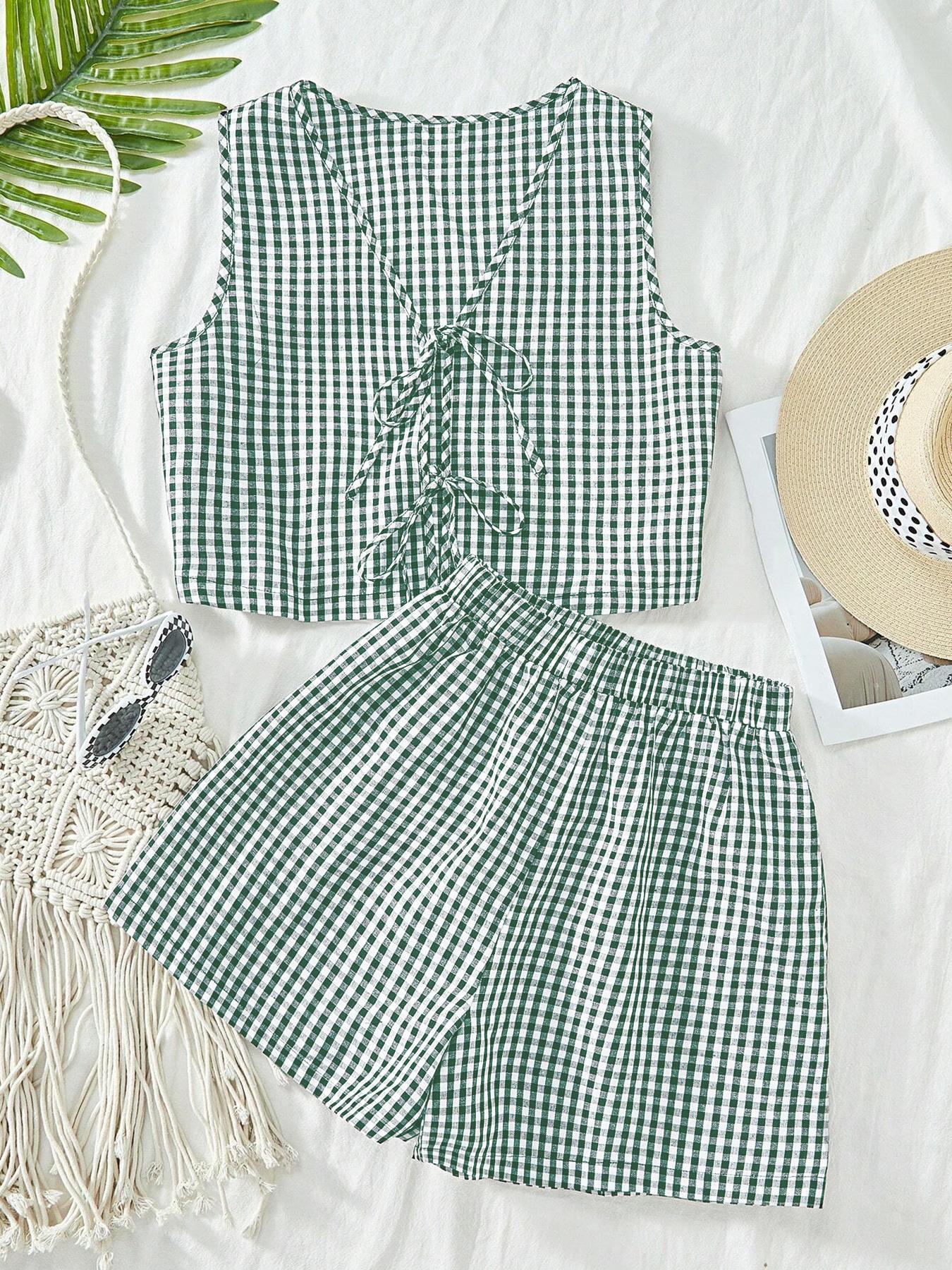 2-piece plaid striped sleeveless crop vest top and high-waisted loose shorts women's casual suit