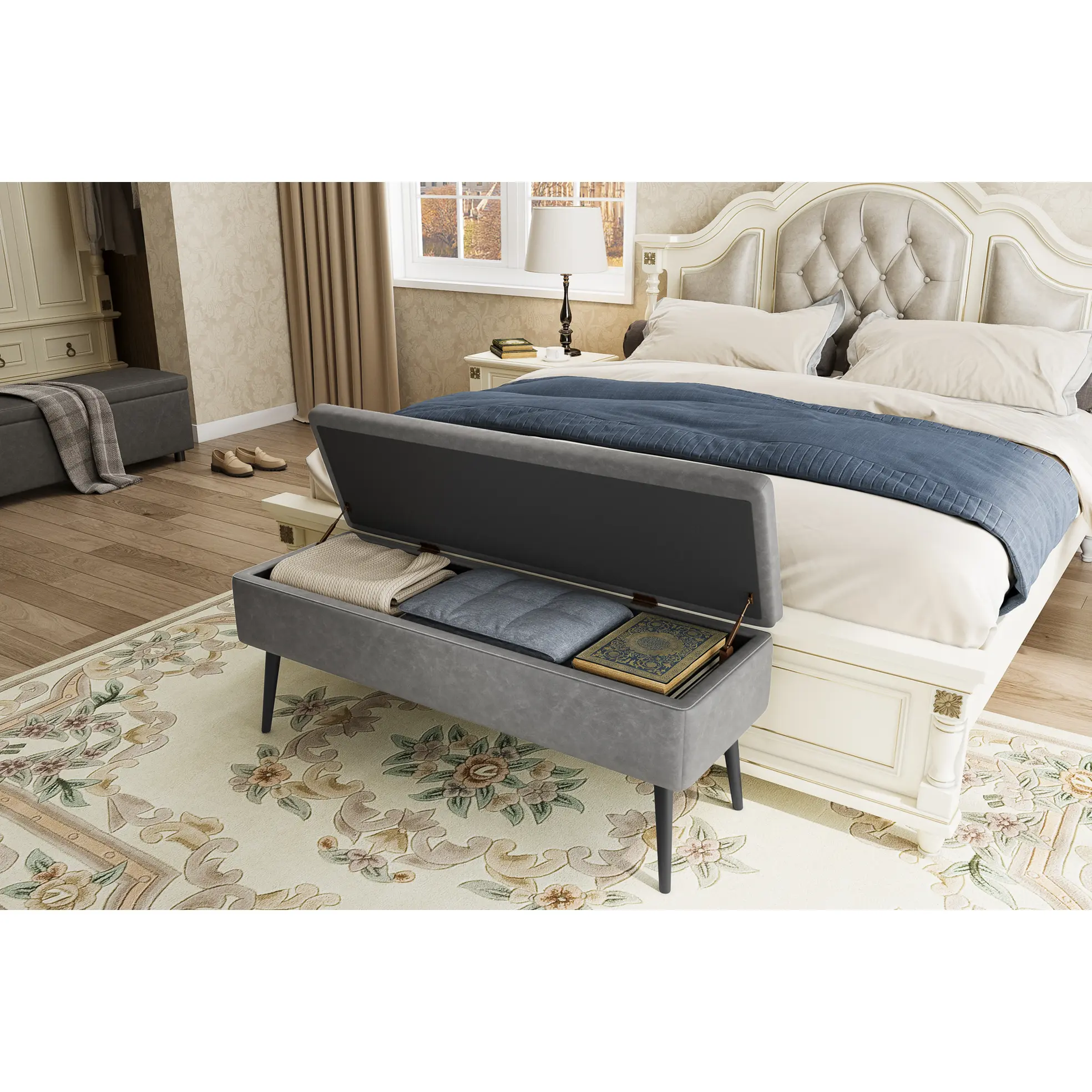 [SummerSale] GARVEE Mid-Century Modern Ottoman Bench with Storage, Faux Leather Upholstered Shoe Bench with Dual Safety Hinges/Entryway & Bedroom Furniture/Rectangular Bench for End of Bed & Entryway/Best Gift Ideas/Christmas Gifts 