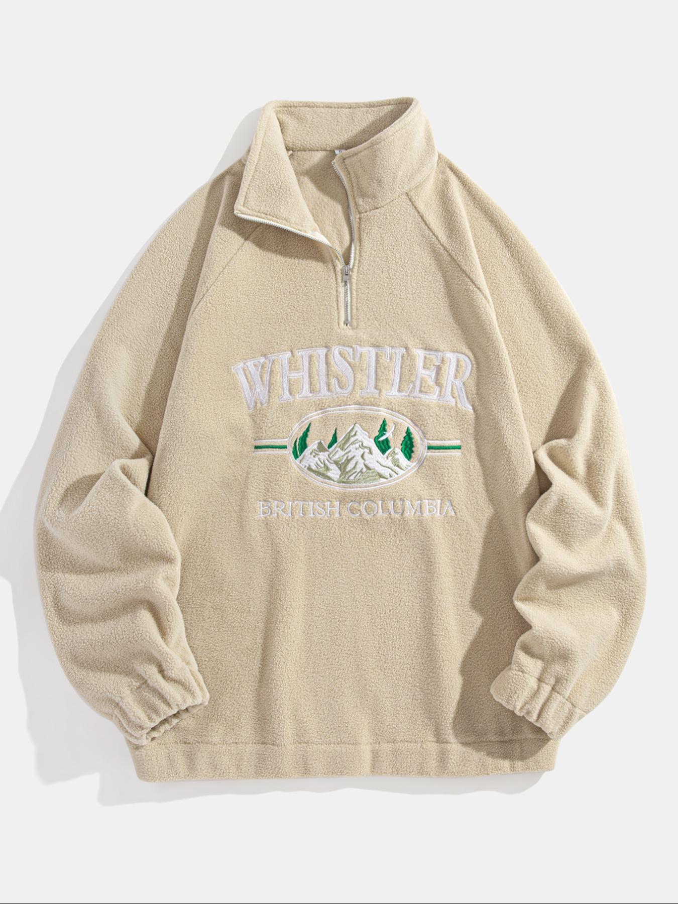 Men's Landscape & Letter Print Zip Front Fleece Sweatshirt, Loose Casual Raglan Sleeve Stand Collar Pullover for Fall & Winter, Men's Clothes for Daily Wear, Winter Fashion Clothing