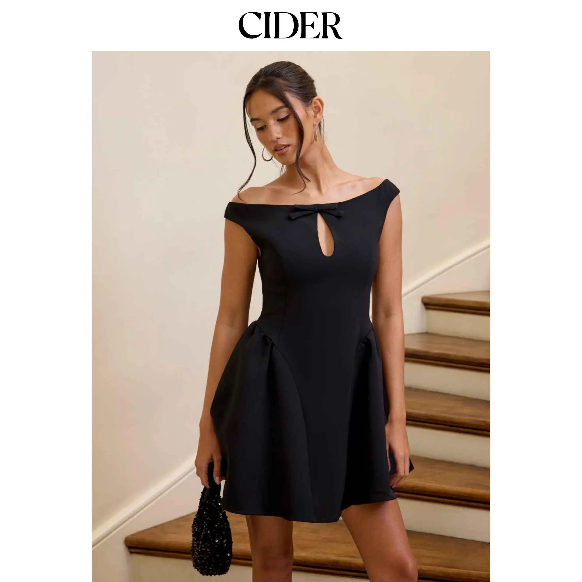 Cider Boat Neck Cut Out Bowknot A-line Mini Dress SohoChic