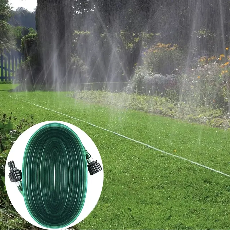 PVC soaked sprinkler hose with 394 feet perforated flexible flat water pipe for garden irrigation system, used for outdoor watering in courtyard and farm styles. Horticultural sprinkler hose for watering plants and irrigating lawns