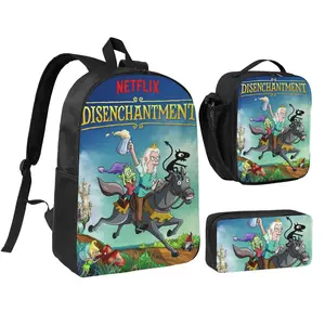 Stylish Disenchantment Season 5 Print 17Inch Backpack Set Disenchantment ending explained Graphic Pattern 3pcs Lightweight School Commuter Bag Bean and Luci Disenchantment Hiking Daypack with Insulated Lunch Pack for Back to School Gifts