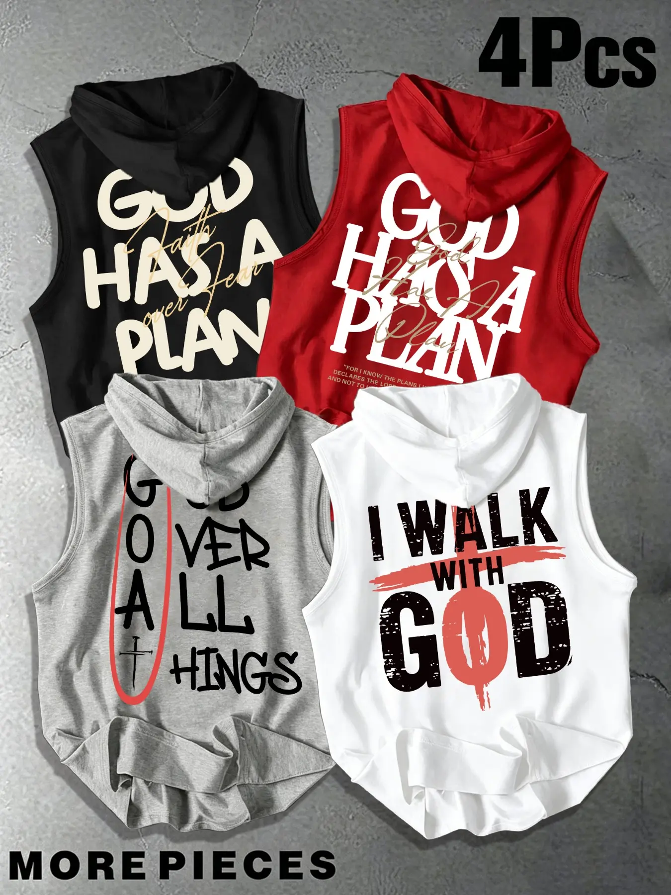 Men's Sleeveless Hooded Tank Tops 4 Pack Christian Faith Graphic Vest Casual Loose Fit Workout Sleeveless Hoodies Religion Inspirational Print Tank For Daily Gym Streetwear#ChristianApparel #FaithClothing #MensTankTop #SleevelessHoodie
