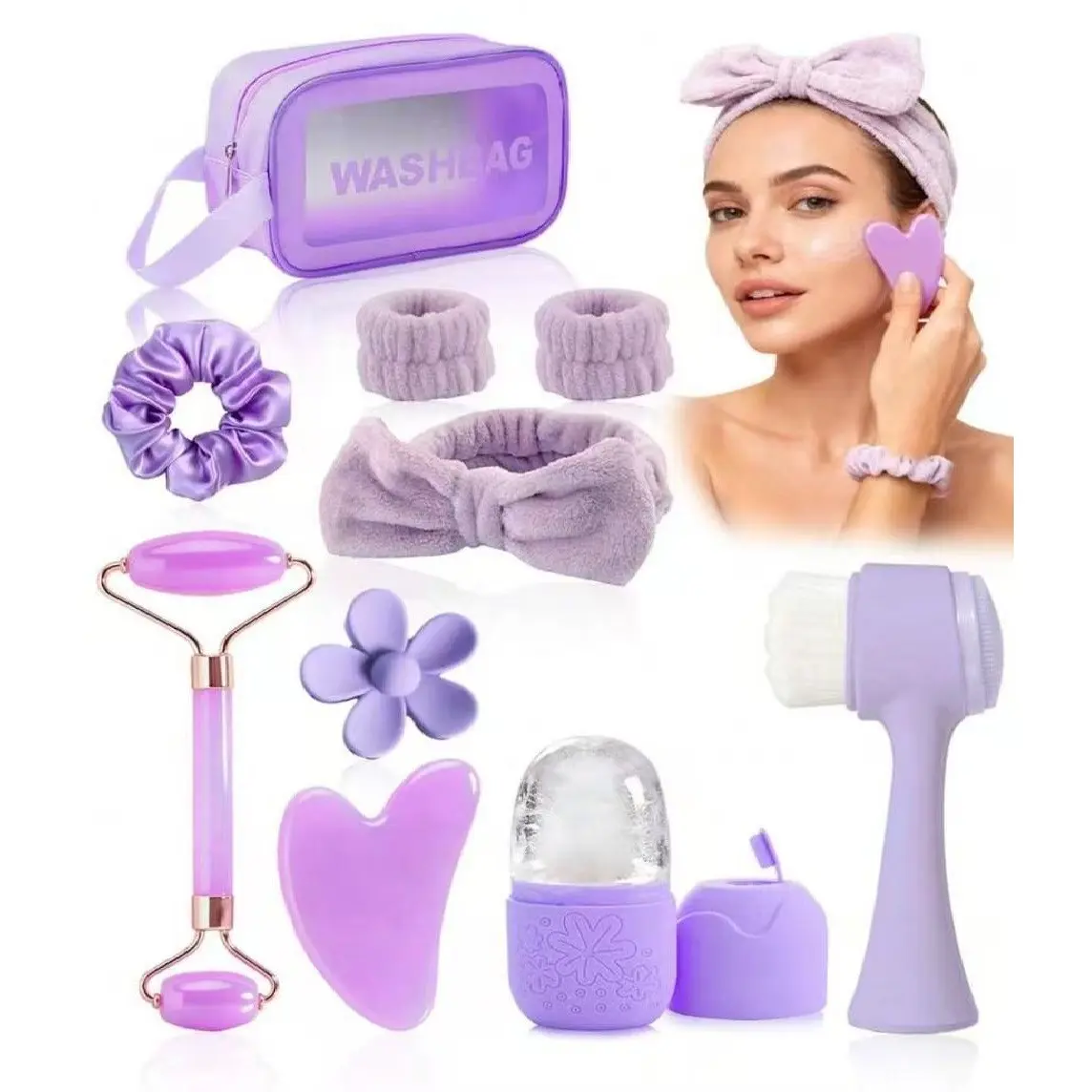 Face Spa Skincare Set, Jade Roller, Gua Sha Board, Ice Rollers, Cleansing Brush, Hairband, Wrist Strap, Travel Case, Portable Self-Care Gift