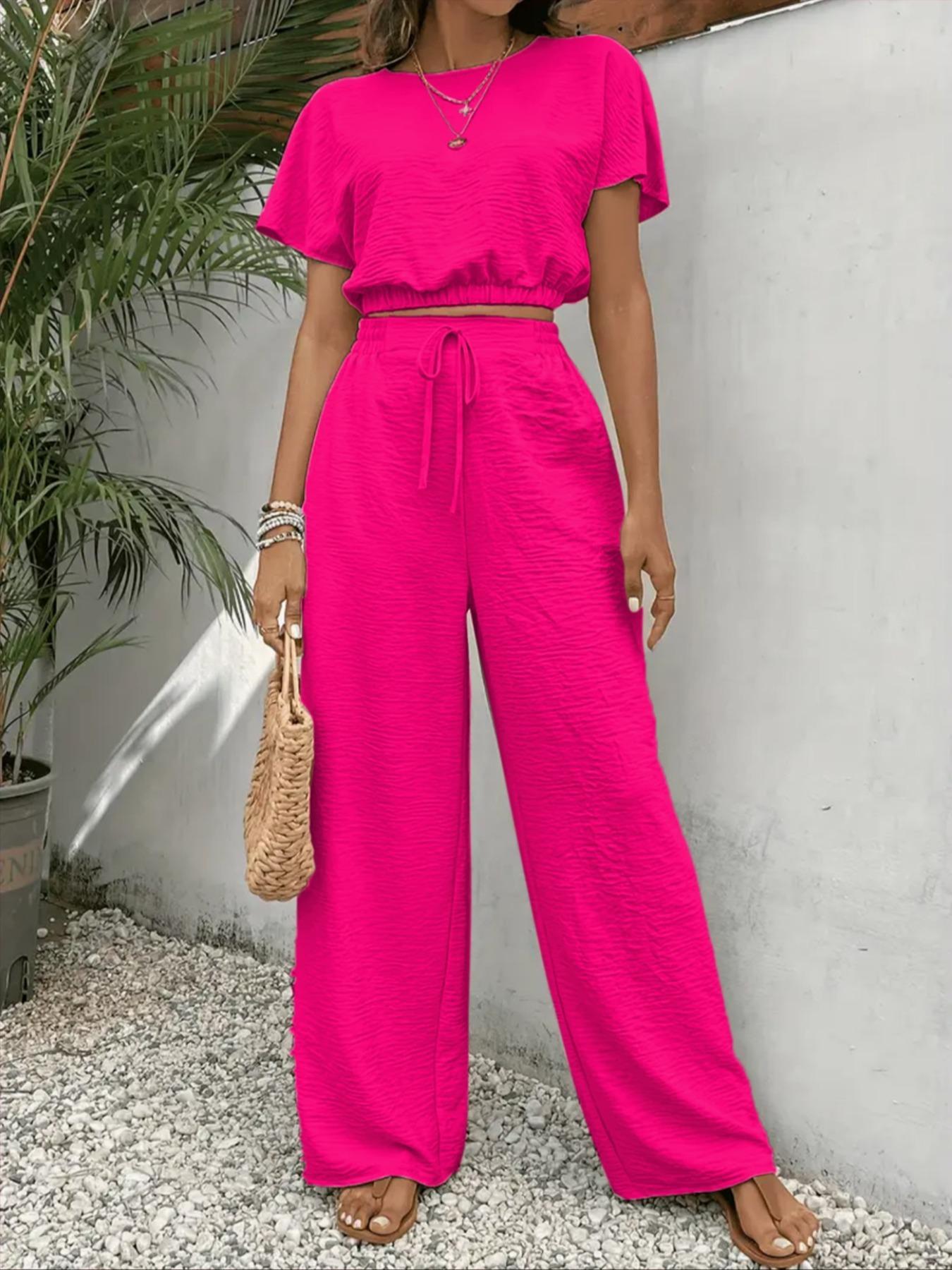 Women's Solid Color Top & Wide Leg Pants Two-piece Set, Casual Round Neck Top & Elastic Waist Drawstring Trousers for Summer, Ladies Clothes for Daily Wear, Womenswear Women's Solid Color Top & Wide Leg Pants Two-piece Set, Casual Round Neck Top & Elastic Waist Drawstring Trousers for Summer, Ladies Clothes for Daily Wear, Womenswear