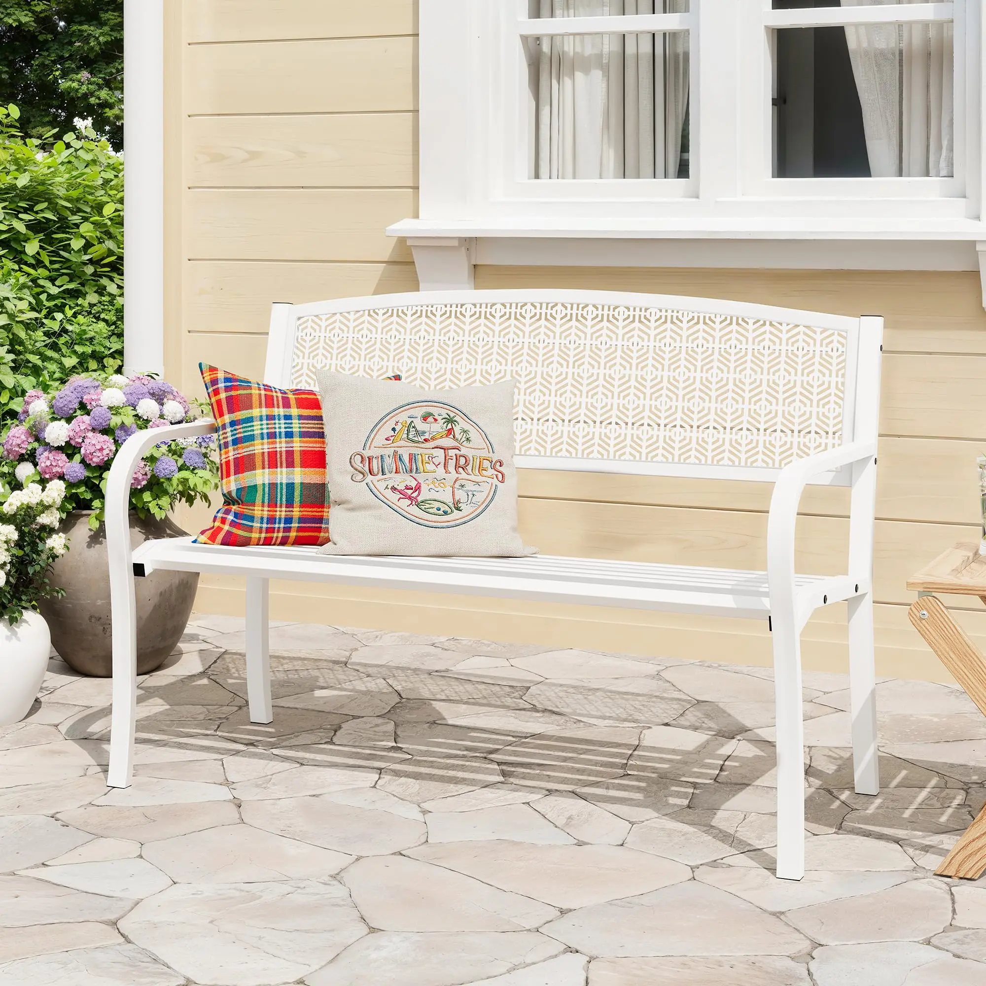 Weather-Resistant Metal Outdoor Garden Bench-50 Inch Curved Arched Backrest Patio Bench with Decorative Geometric Design, Heavy Duty 300 LBS Capacity Leisure Seat for Yard, Deck, Poolside and Front Porch