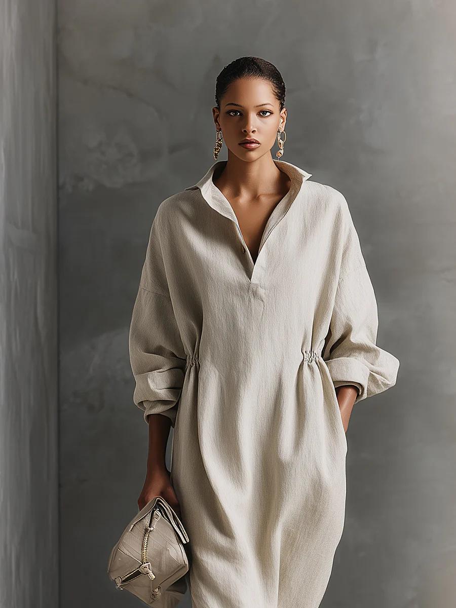 Minimalist Linen Shirt Dress - Perfect for Office, Brunch & Vacation! Oversized Collared Drawstring Waist Casual Dress # ShirtDress # OversizedDress # CasualDress # SummerDress # MinimalistFashion # MidiDress # DressesForWomen # Outfit of the Day
