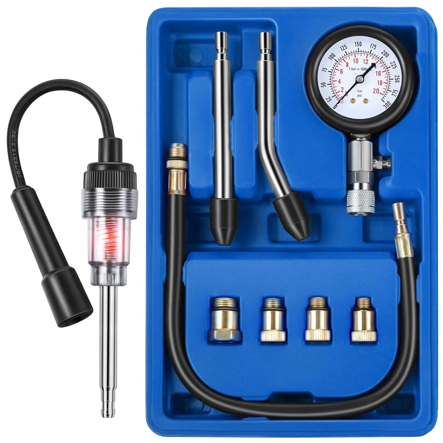 9-Piece Universal Automotive Compression Tester Kit with Spark Plug Tester, Engine Cylinder Pressure Gauge Testing Tools for Cars & Motorcycles (Blue), 9 Pieces