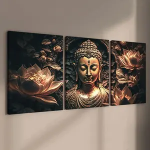 3 count wooden frame canvas, retro golden Buddha lotus Zen quiet triple decorative poster, cure dream decoration, perfect living room decoration, family poster, modern art decoration, suitable for corridor, office, room bedroom art, HD, waterproof, gift