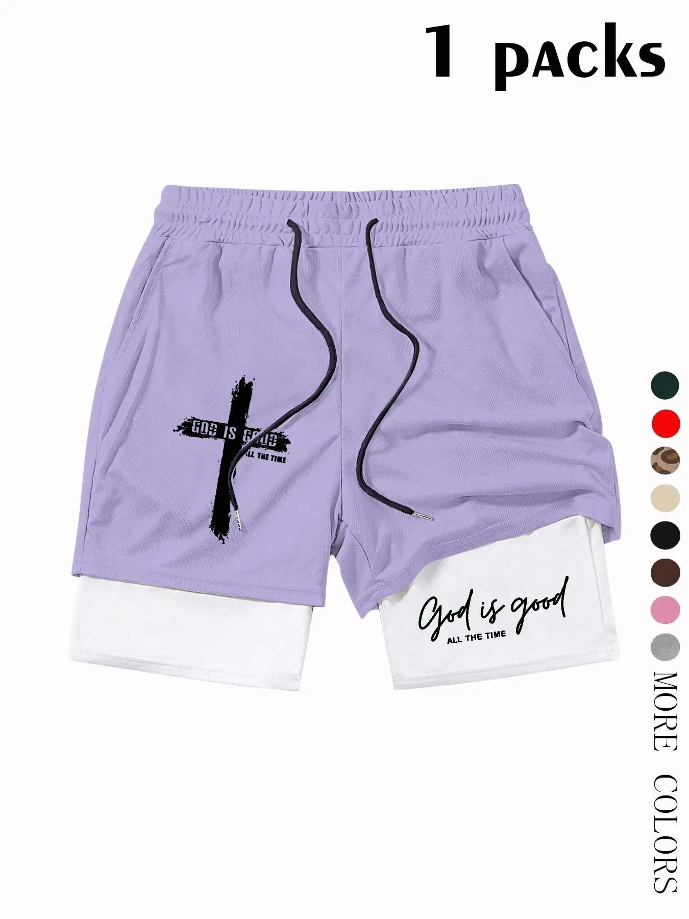 God Is Good Theme Two-Piece Gym Shorts, Retro Cross Graffiti Print, Breathable Fabric, Adjustable Waist, Ideal for Running and Daily Wear