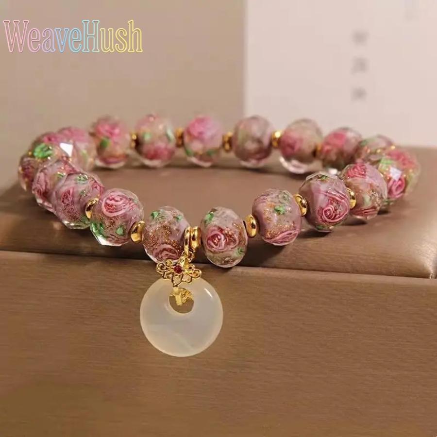 2026 Luxury Handcrafted Glass Bead Bracelet for Women with Peace Knot & Rose Flower Charms, Elegant Symbolic Fashion Jewelry with Delicate Detailing, Versatile Stylish Accessory Perfect for Casual Daily Outfits, Formal Events, Dates, Anniversaries & Meani