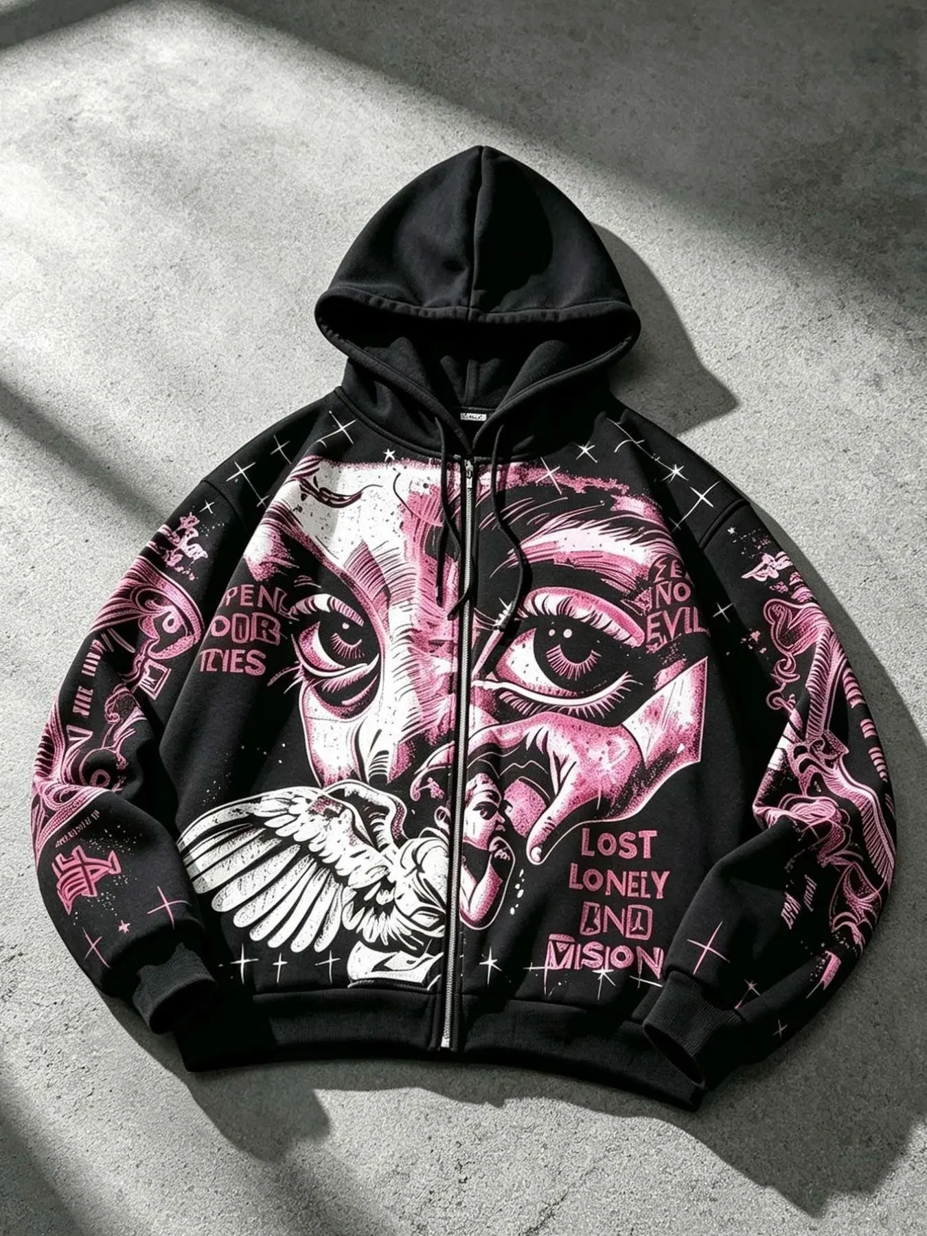Y2K Street Style Men's Loose Long Sleeve Zip-Up Cardigan Hoodie with Angel Print Retro Hooded Cardigan Jacket, Unisex Style, Couple's Casual Sweatshirt Jacket