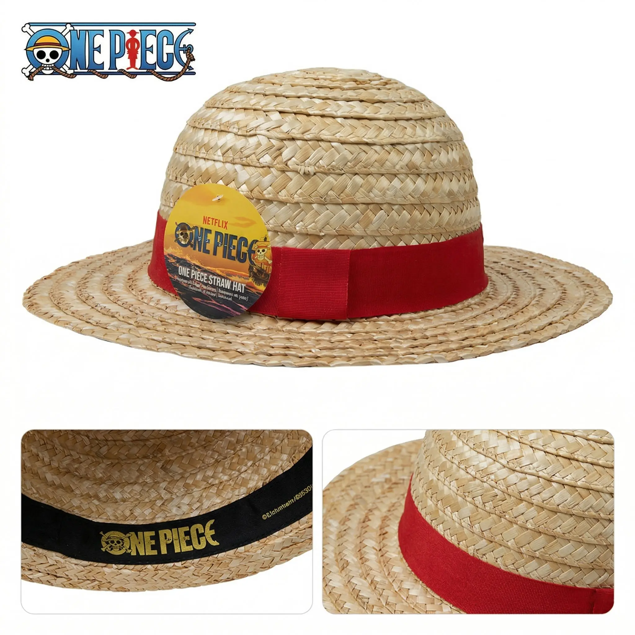 1PC One Piece Officially Licensed Luffy Straw Hat Woven Red Band Cosplay Daily Sun Hat Collectible Gift