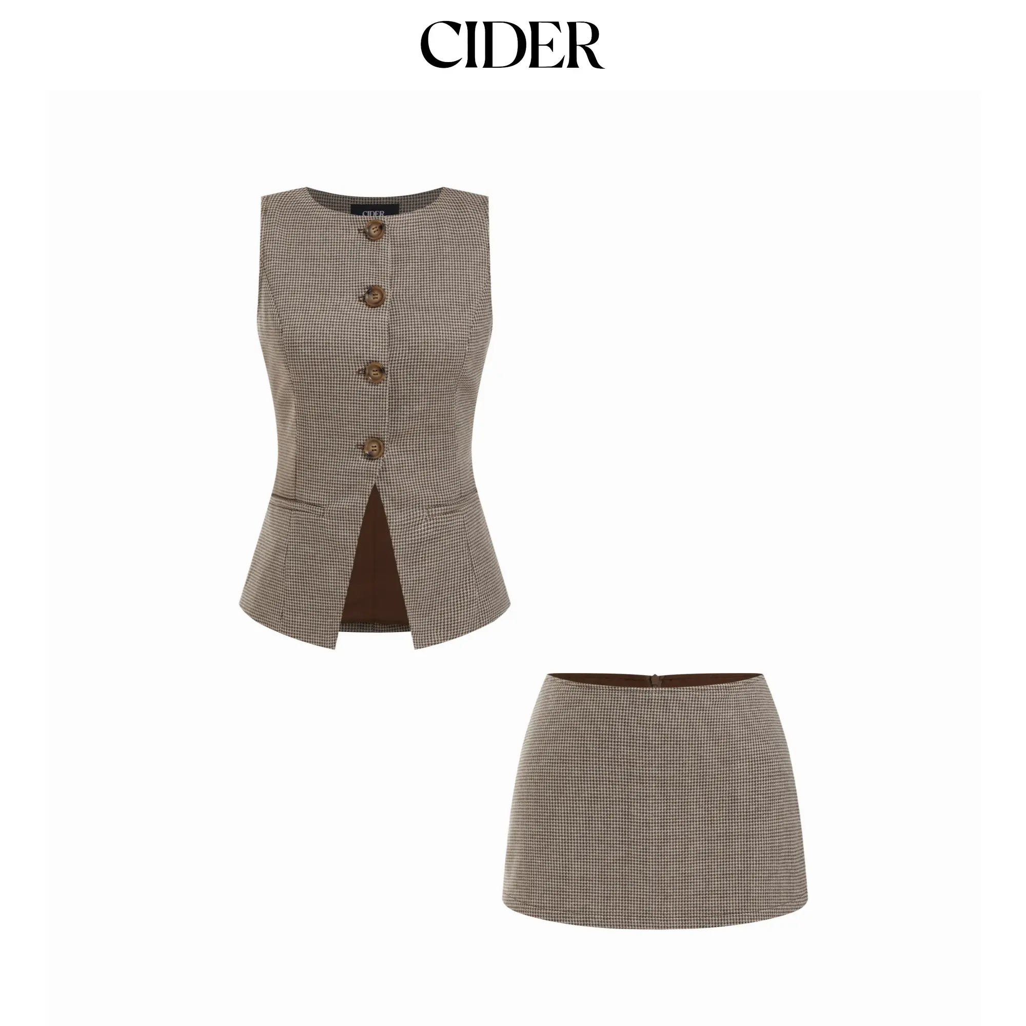 Cider Houndstooth Boat Neck Button Front Top & Low Rise Mini Skirt Set