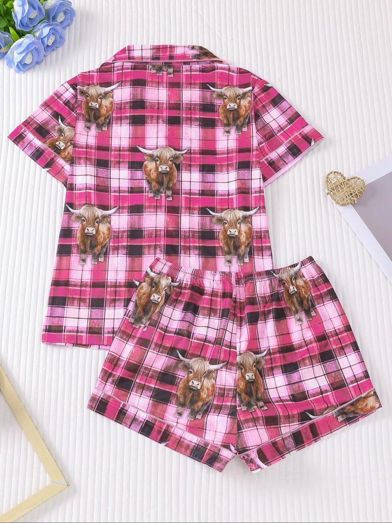 Women's All Over Cow Print Shirt & Elastic Waist Shorts Pyjama Two-piece Set, Casual Comfy Pajama, Casual Comfy Short Sleeve Top & Shorts PJ Set, Ladies Sleepwear for All Seasons, Loungewear