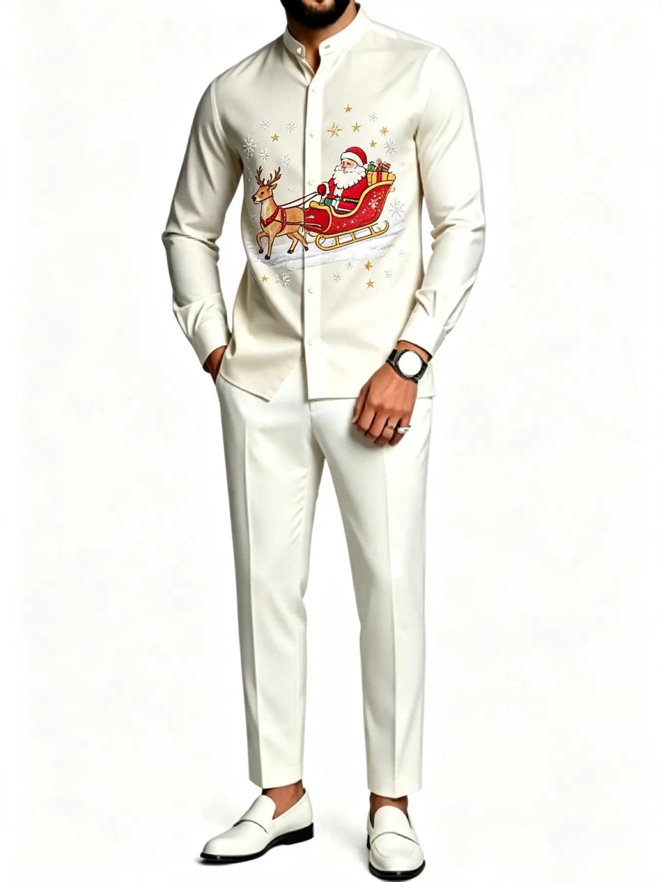 Men's Cream White Christmas Santa Sleigh Reindeer Print 2 Piece Outfit, Long Sleeve Mandarin Collar Button Up Shirt And Matching Ankle Pants Set, Festive Holiday Christmas Party Suit For Men