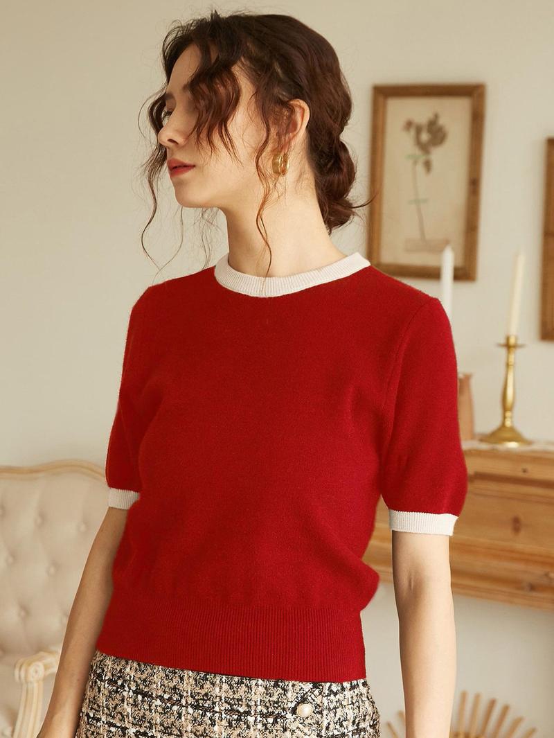 Women's French Knit Commuter Top, Colorblock Round Neck Short Sleeve Loose Fit T-Shirt, Casual Summer & Spring Fashion