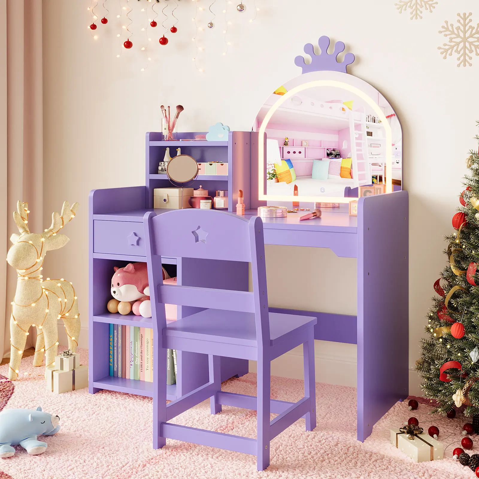 2-in-1 Princess Kids Vanity Table and Chair Set with Lighted Crown Mirror – Wooden Makeup Desk, Open Bookshelf, Storage Cabinet & Multi-Layer Shelves – Girls Dressing Table for Bedroom or Playroom,dorm essentials,home decor