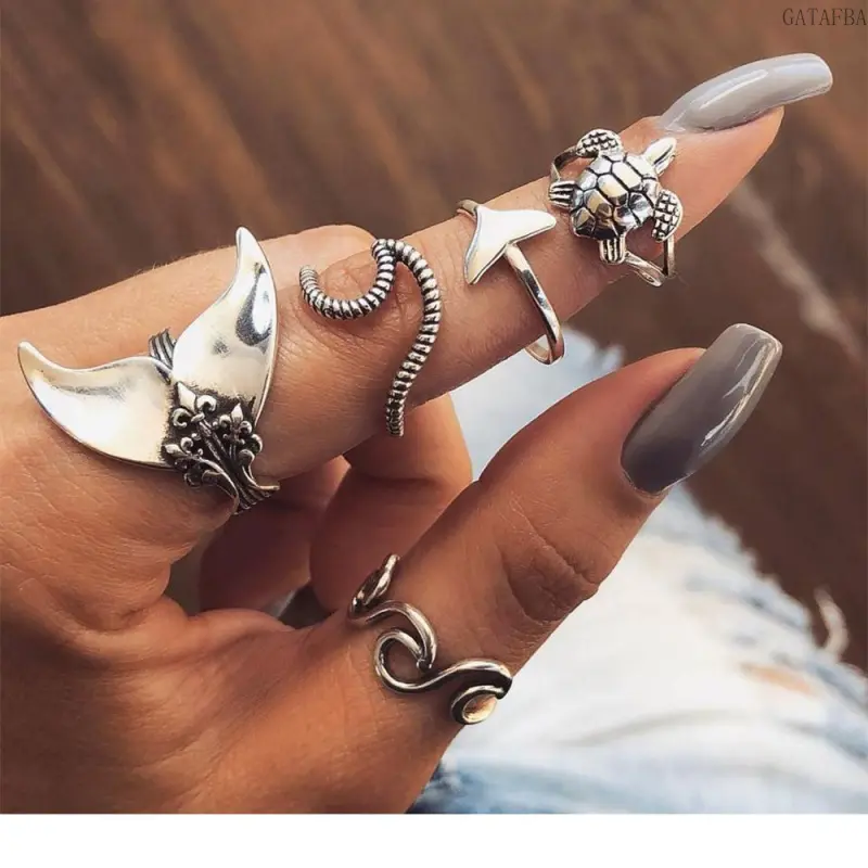 New Boho 5Pcs Ring Set, Geometric Turtle & Fish Tail Design Jewelry