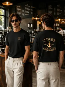 Men's retro nautical pattern printed round neck T-shirt in front and back, with anchor letter print from Saint Tropez Yacht Club in France, suitable for beach vacations, yacht trips, urban daily office commuting, men's style