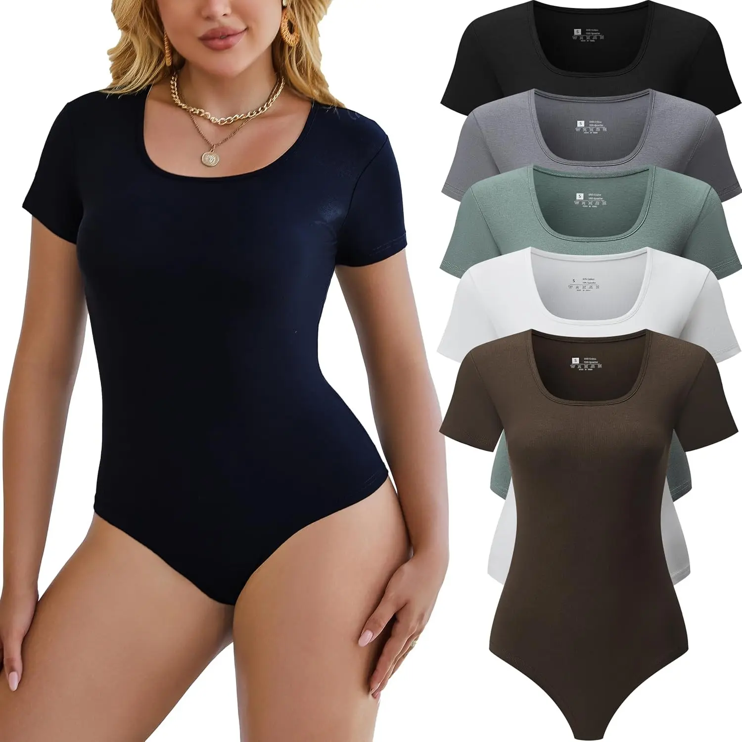 5 Pack Short Sleeve Bodysuits for Women Square Neck Casual Stretchy Basic Body Suits Tops T ShirtsGift