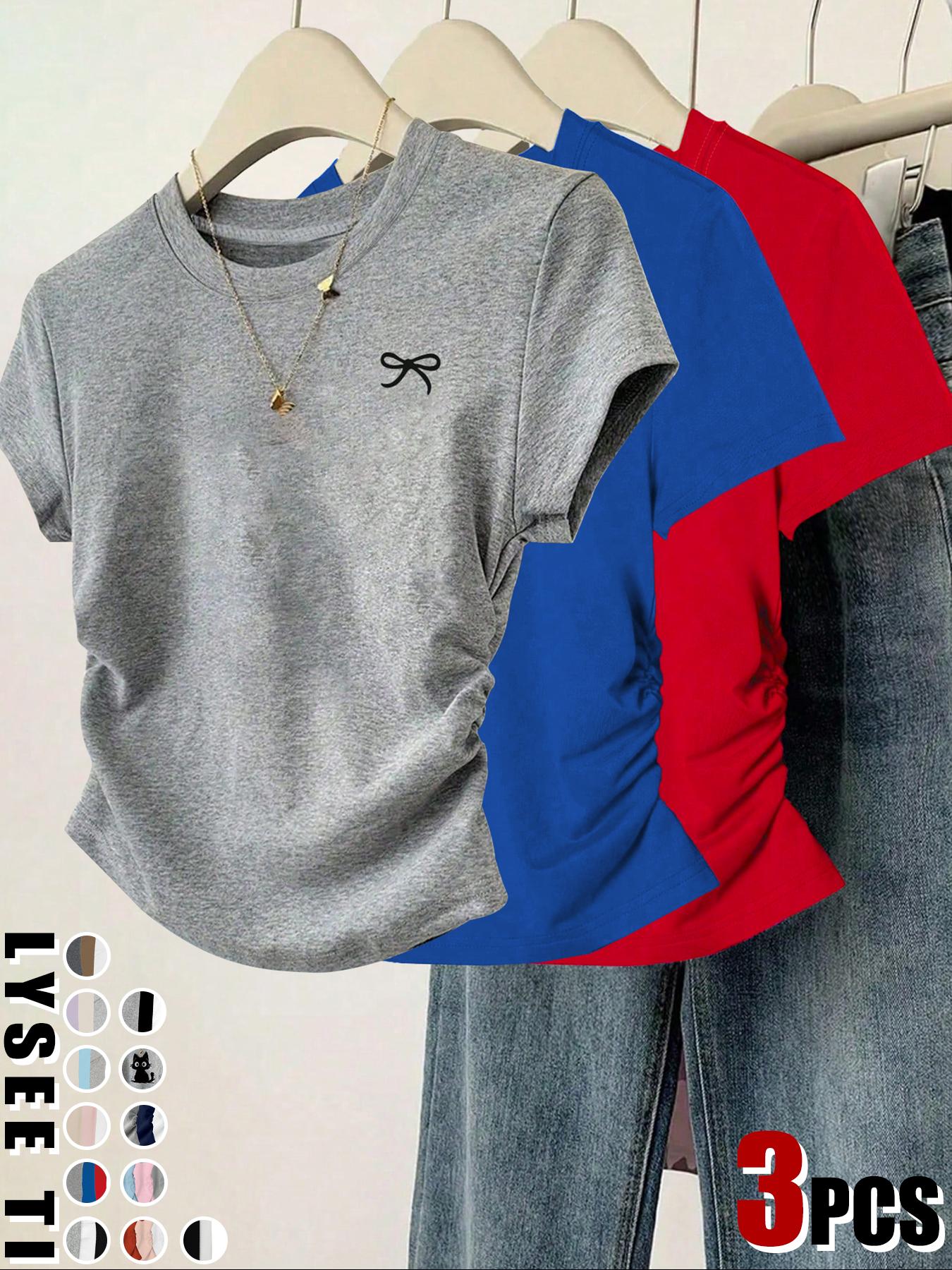 3pcs women's casual fashion slim fit small bow Butterfly print details simple solid color pleated pullover shirt women's round neck short sleeved three piece T-shirt