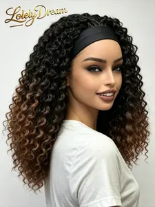 Lolely Dream 16" Jerry Curly Deep Wave Headband Wig, Organic Synthetic Hair Wigs Afro Marley Braids Curly Wig Natural Black Ombre Brown for Black Women Glueless Wear & Go