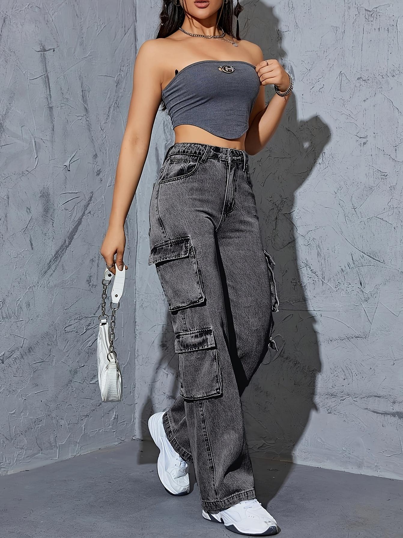 NewWomen High Waist wide leg Denim Jeans, Boyfriend Wide Leg Cargo pants, Casual Denim Baggy Pants with Pockets, Women'S Denim Jeans & Clothing Womenswear Bottom Trouser Streetwear Comfort Dark Gray Gamis