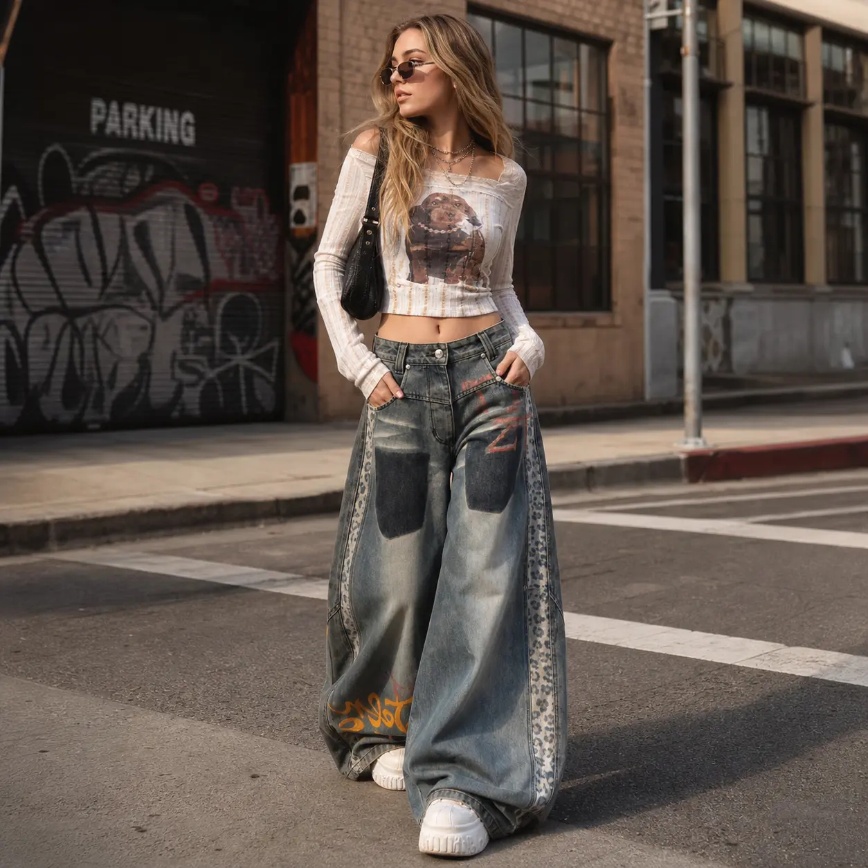 Women's 3D Graphic Print Wide Leg Jeans |   Y2K Aesthetic Patchwork Denim Pants |   High Waisted Loose Plus Size Boyfriend Trousers for Streetwear Aesthetic