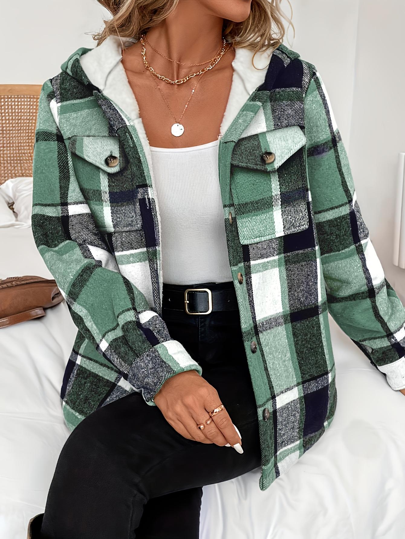 Women's Casual Plaid Hooded Jacket with Fleece Lining 100% Polyester Woven Shirt Button Detail All-Season Warmth Lightweight Outerwear Coats Fitted Khaki Long Sleeve Tops