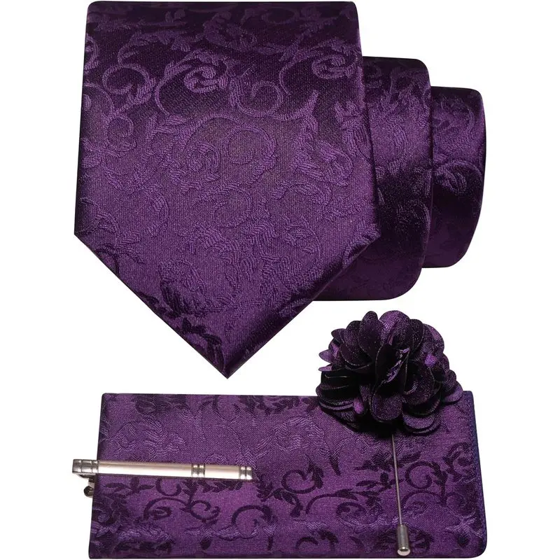 Mens Purple Floral Tie and Lapel Pin Necktie Pocket Square and Tie Clip with Sets for Business Casual 4PCS