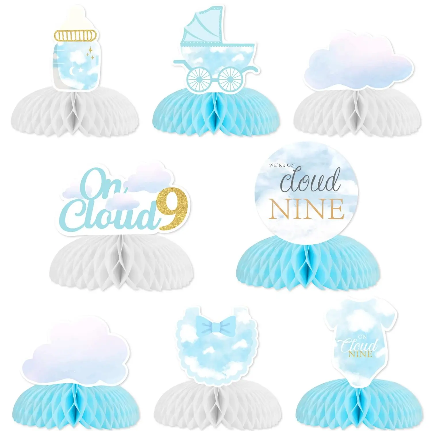 1Set On Cloud 9 Baby Shower Party Table Decorations 8pcs Cloud Baby Shower Honeycomb Centerpiece Doublesided Printing Blue Baby Shower Centerpieces for Tables Boy Cloud Nine Party Decorations