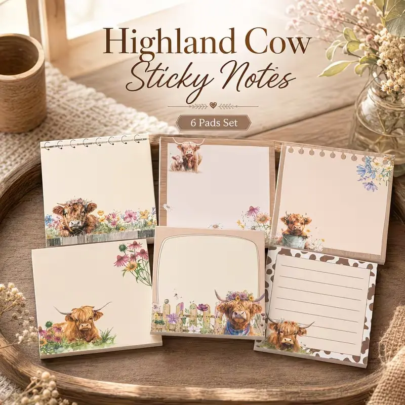 Highland Cow Sticker Memo Pad Reminders, 6/12 Pads, 7.62x7.62 Cm, Cute Design Self-Adhesive Notes, Office Decor, Student Teacher Meeting Supplies