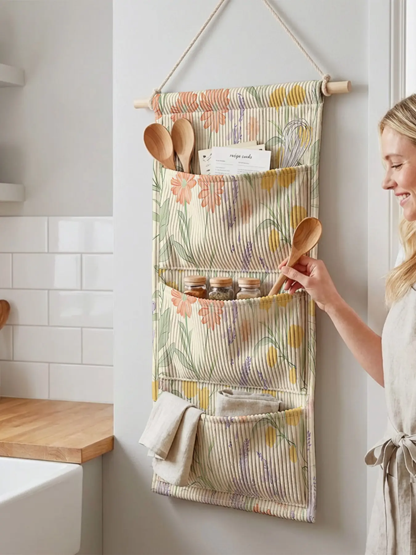 1pc Kitchen Door Hanging Storage Bag, Floral Pattern, 3-Tier Multi-Compartment, Organize Utensils, Spices, Towels, Small Items, Renters Essential