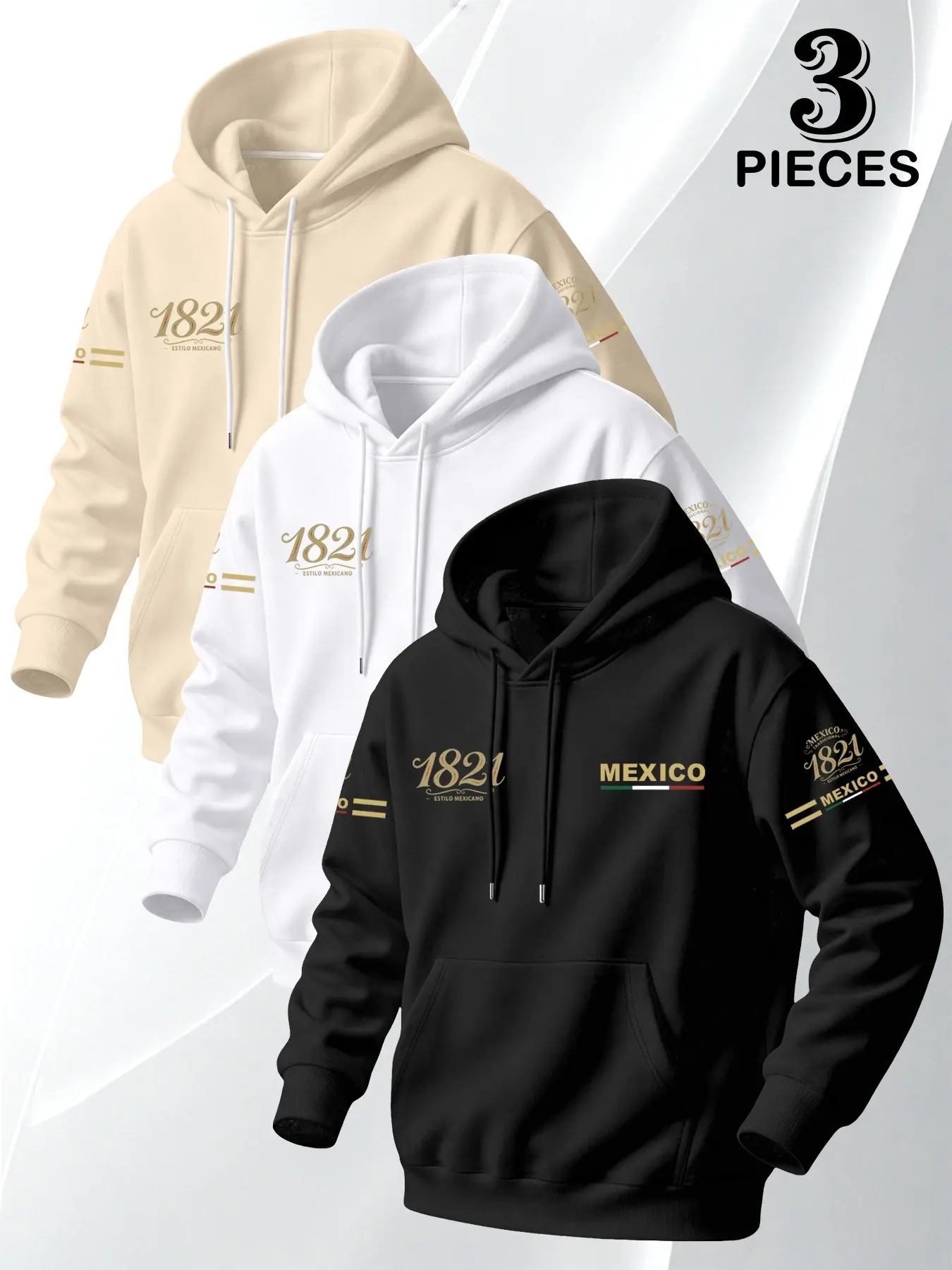 Men's Fall Winter 3-Piece Set, Mexican 1821 Memorial Hoodie with Pockets, American Vintage Print Pullover, Loose Fit Long Sleeve Top
