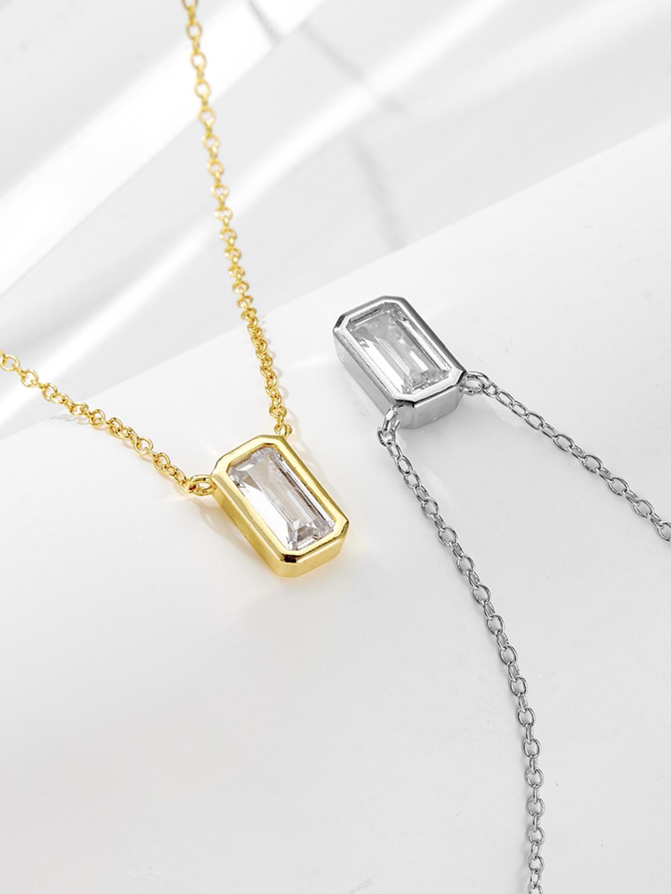S925 Sterling Silver Rectangle Shaped Artificial Zircon Pendant Necklace, Fashion Jewelry for Party, Daily Clothing Decor, Trendy All-match & Exquisite Jewelry for Gift