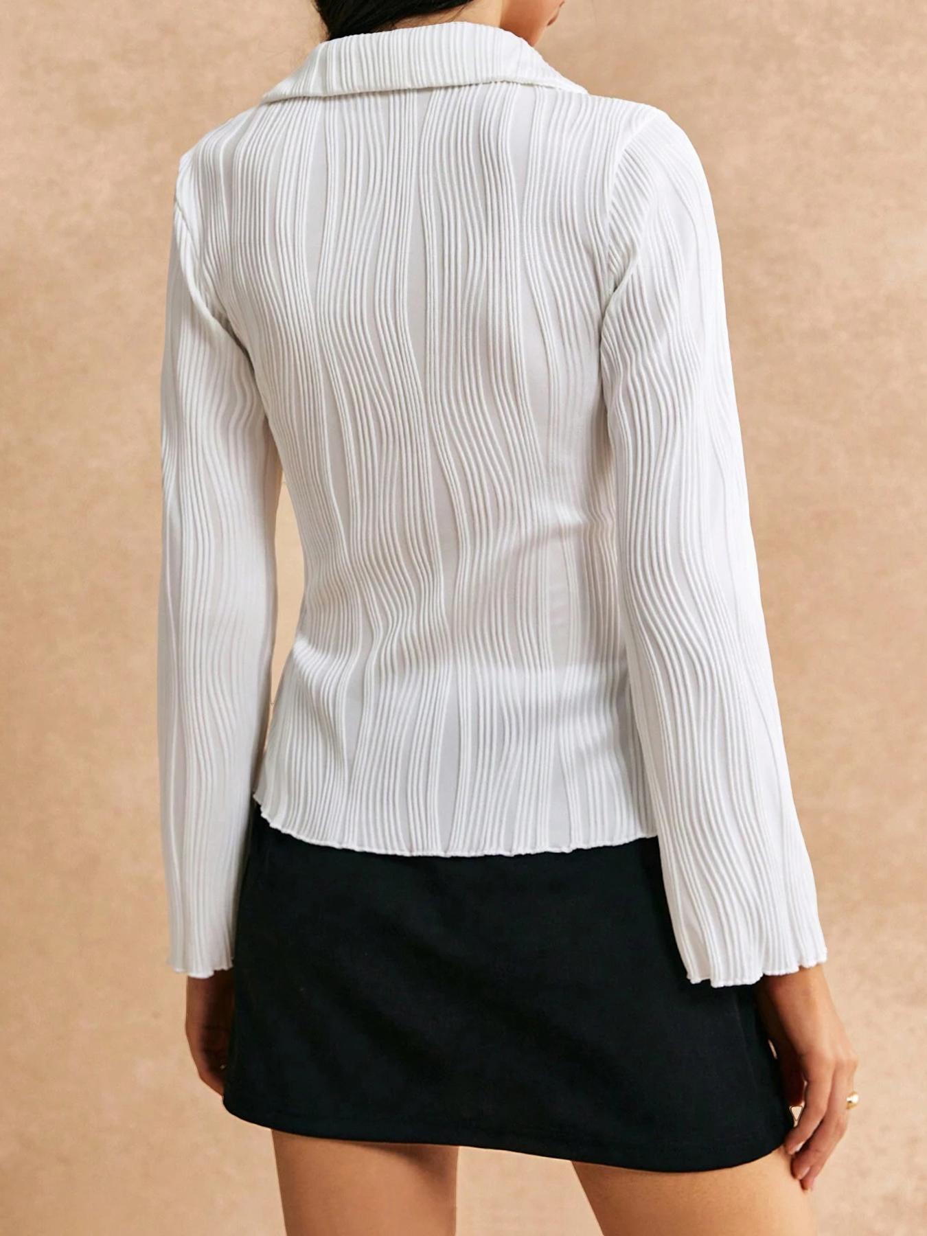 Women's Textured Long Sleeve Button Front Shirt, Casual Fashion Shirt, Casual Solid Color Collared Top for Spring & Fall, Women's Clothes for Daily Wear