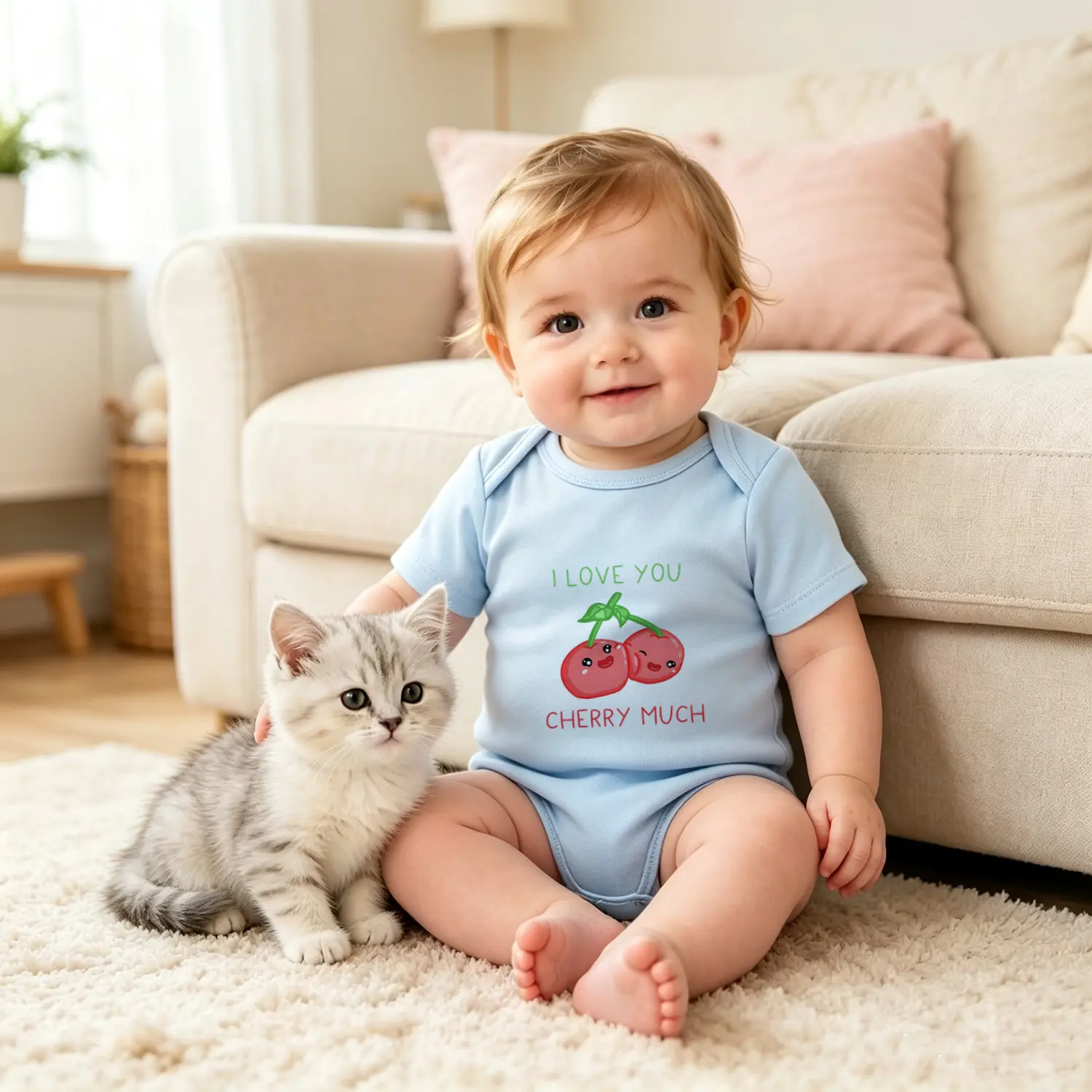 Soft Pure Cotton Baby Onesie, Unisex "I Love You Cherry Much" Graphic 1-Piece Bodysuit, Moisture-Wicking Short Sleeve with Easy Snaps, One Piece Bodysuit