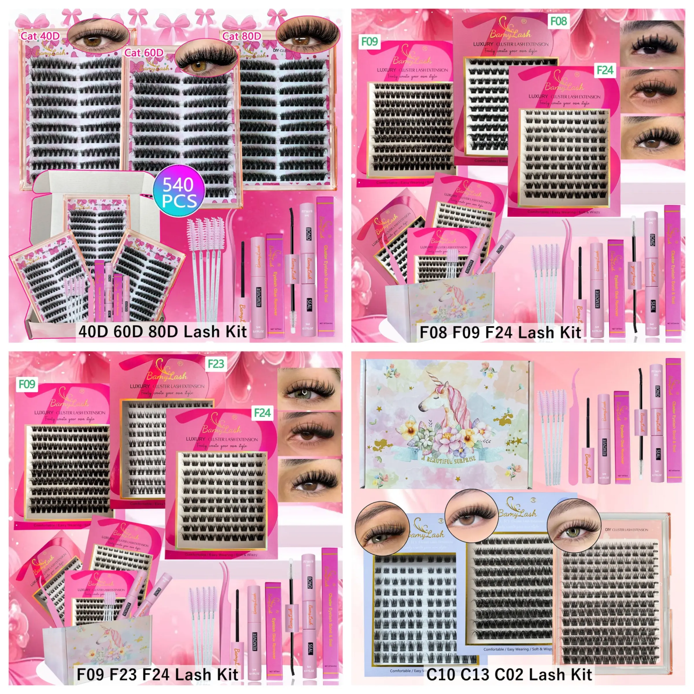 3 Styles Eyelash Cluster Set, Cat Eye Volume & Wispy Fox Winged Eyelash Extension Kit, Includes Adhesive, Sealant, Remover, Applicator and Lash Brushes, Easy for Daily Home DIY Eye Makeup, Diy Eyelash Extensions