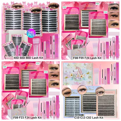 3 Styles Eyelash Cluster Set, Cat Eye Volume & Wispy Fox Winged Eyelash Extension Kit, Includes Adhesive, Sealant, Remover, Applicator and Lash Brushes, Easy for Daily Home DIY Eye Makeup, Diy Eyelash Extensions, Eyelash Clusters Kit, Diy Eyelashes Kit