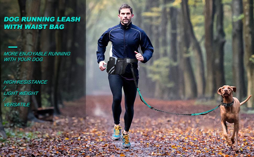 Retractable Hands Free Dog Leash with Dual Bungees for 2 Dogs, Adjustable Waist Belt Fanny Pack, Reflective Stitching Leash for Running Walking Hiking Jogging Biking Black bungee  leashes