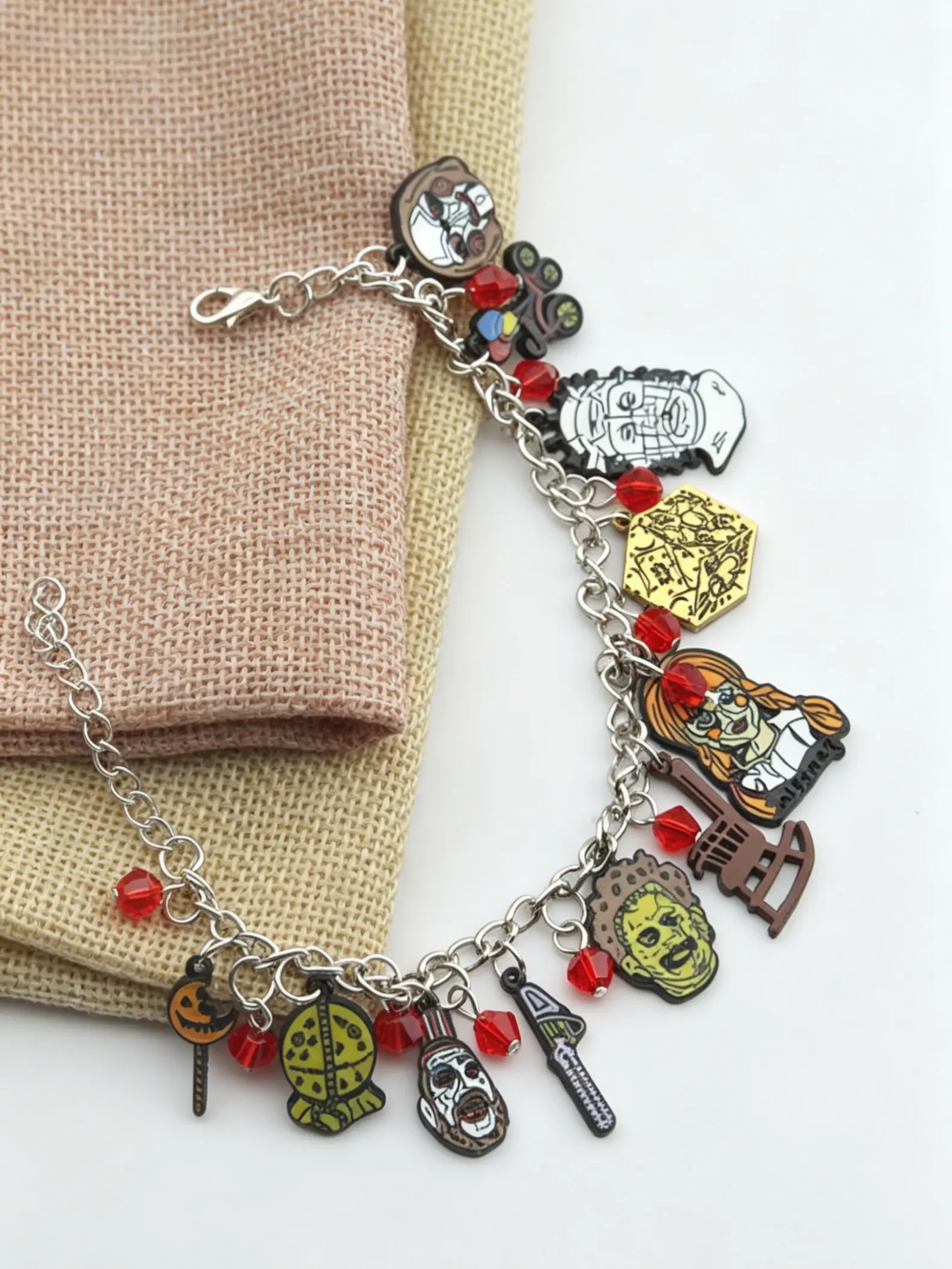 Dark Horror Style Multi-Pendant Alloy Bracelet, Faceted Crystal, Vintage Metal Charms, Adjustable Chain, Party Fashion Gift, Charm Bracelets