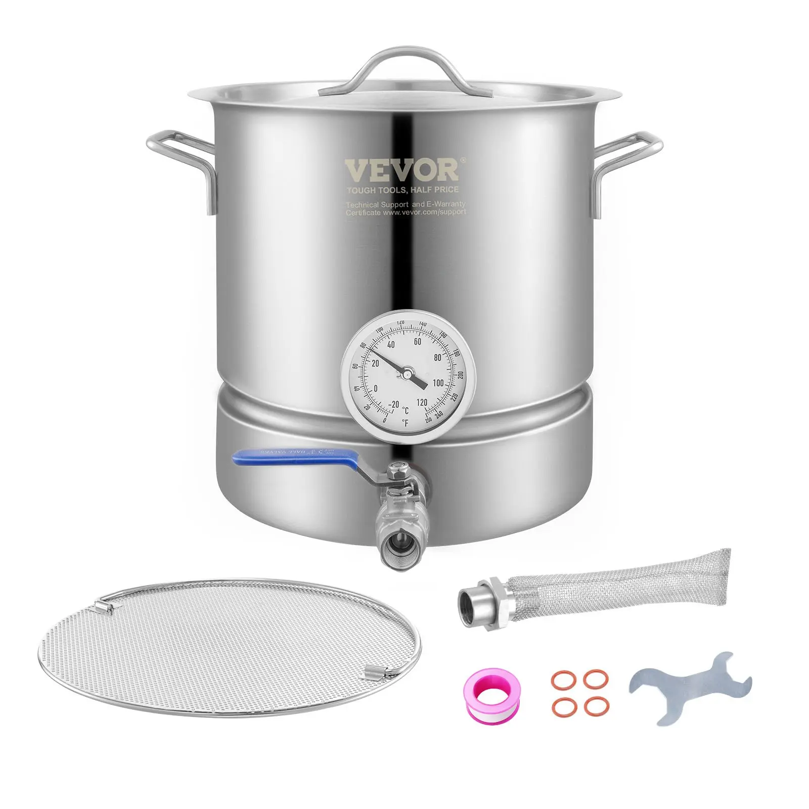 【DealsForYouDays】VEVOR Sturdy 5-Gallon (18.92L) Tri-Ply Bottom Stainless Steel Brew Kettle Set, Home Brewing Tool Kit with Lid, Handle, Thermometer, Ball Valve Spigot, Dual Filter, Filter Tray