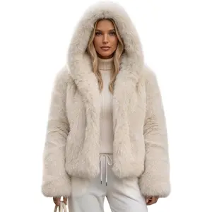 Wyeysyt Women's Faux Fur Coat with Hood Open Front Fluffy Short Coats Winter Warm Thick Cropped Hooded Shaggy Jacket