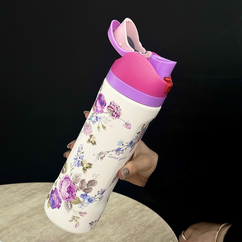 Floral Pattern Vacuum Flask, 1 Count 24oz-32oz-40oz Insulated Double Wall Stainless Steel Water Bottle, Stainless Steel Thermal, Drinking Cup for Home Office School Travel, Drinkware, Insulated Thermos, Stainless Steel Tumbler